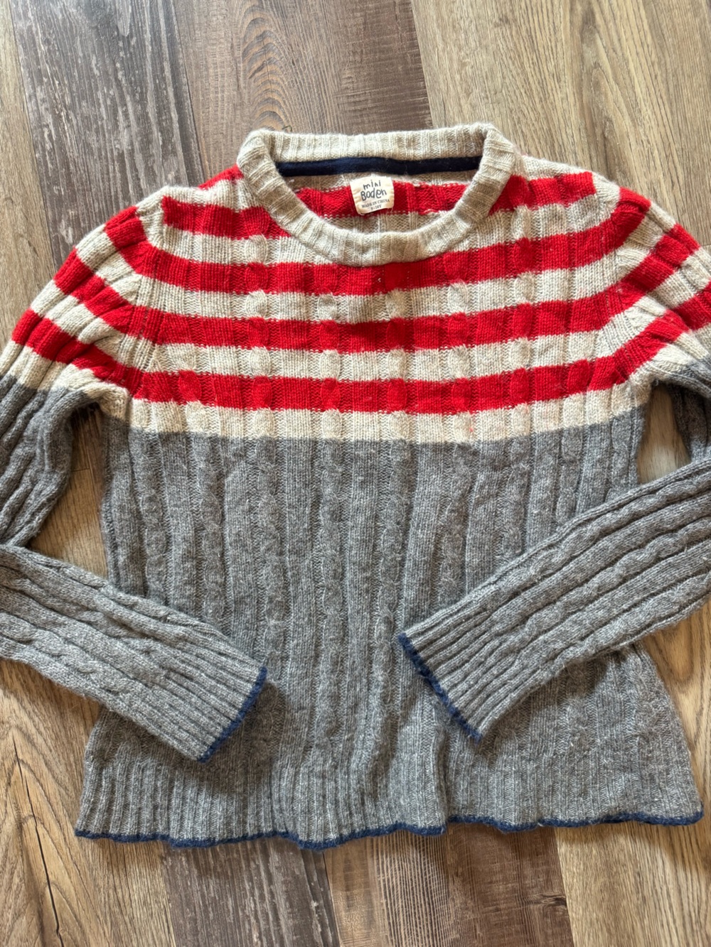 Mini Boden Ribbed Stripe Crewneck Sweater in Red, Cream & Gray